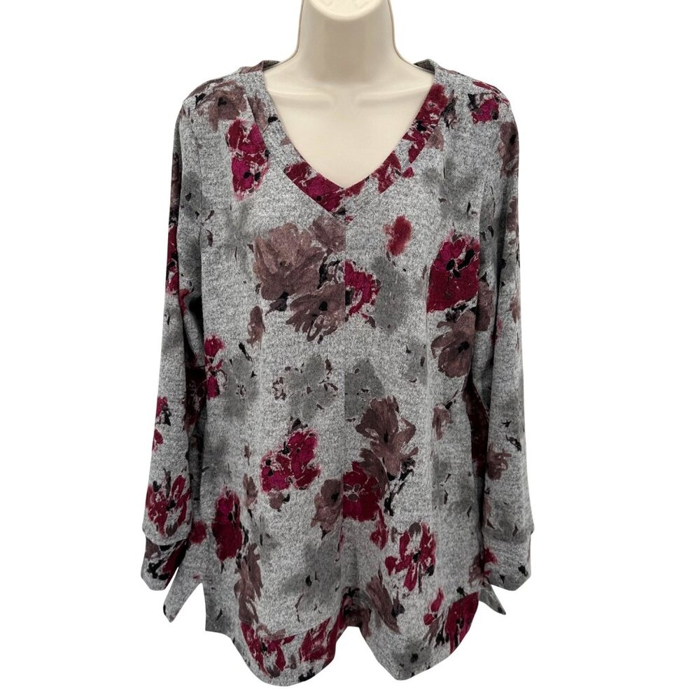 Ellen Tracy Womens Gray/Red Romance Floral Print V-Neck Long Sleeve Top Size L
